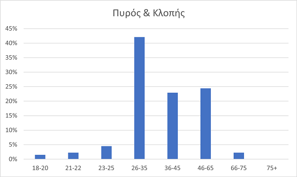 Γράφημα με ποσοστιαίες στήλες ηλικιών πελατών Magenta Insurance. Ηλικίες 18-25 και 66-75 έως 5%, 26-35 40-45%, 36-45 20-25% και 46-65 σχεδόν 25%